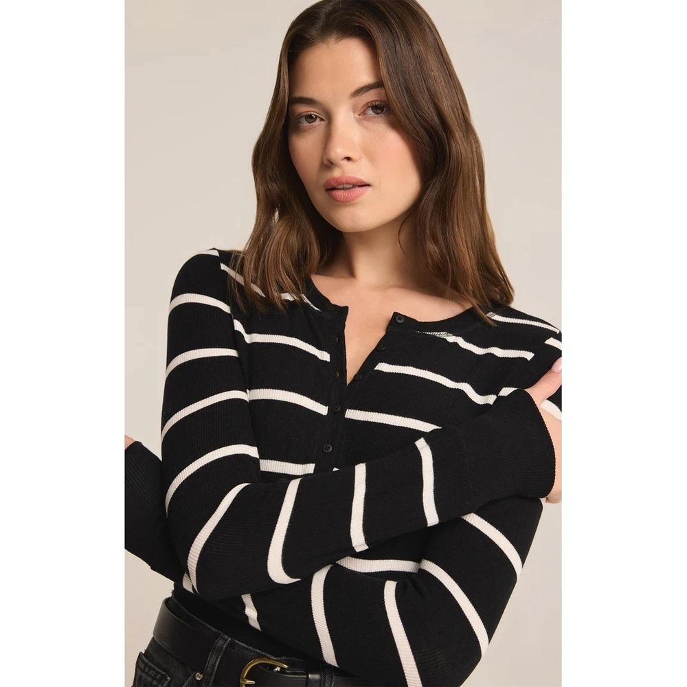 Z Supply Shirt Womens Medium‎ Black & White Striped Scarlett Rib Henley Long Sl